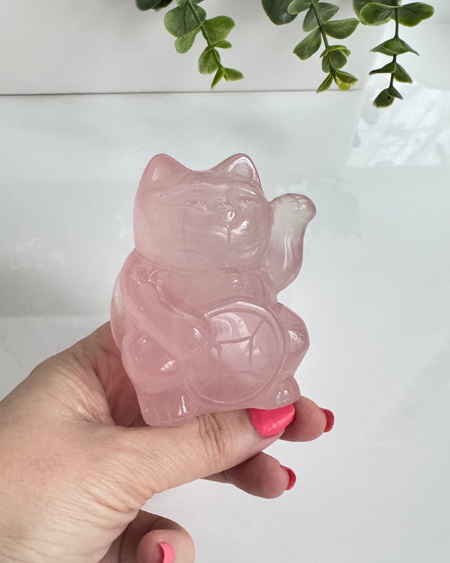 Gemmy Rose Quartz Crystal Lucky Cat, Maneki Neko, Fortune Cat, Large (3.2”)