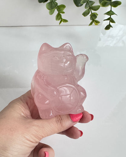 Gemmy Rose Quartz Crystal Lucky Cat, Maneki Neko, Fortune Cat, Large (3.2”)