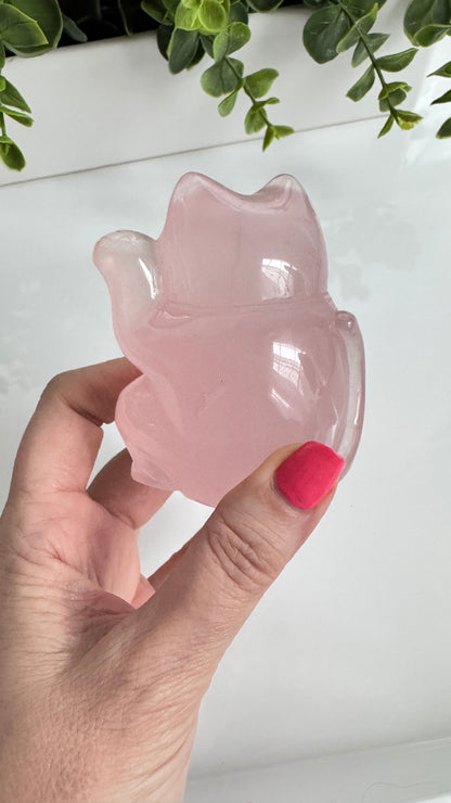 Gemmy Rose Quartz Crystal Lucky Cat, Maneki Neko, Fortune Cat, Large (3.2”)