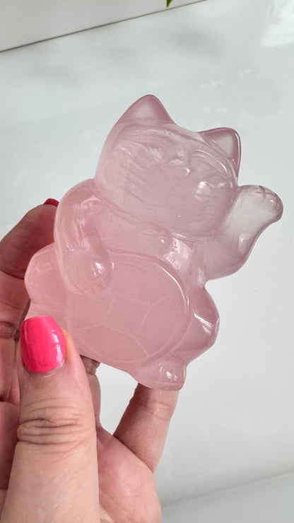 Gemmy Rose Quartz Crystal Lucky Cat, Maneki Neko, Fortune Cat, Large (3.2”)