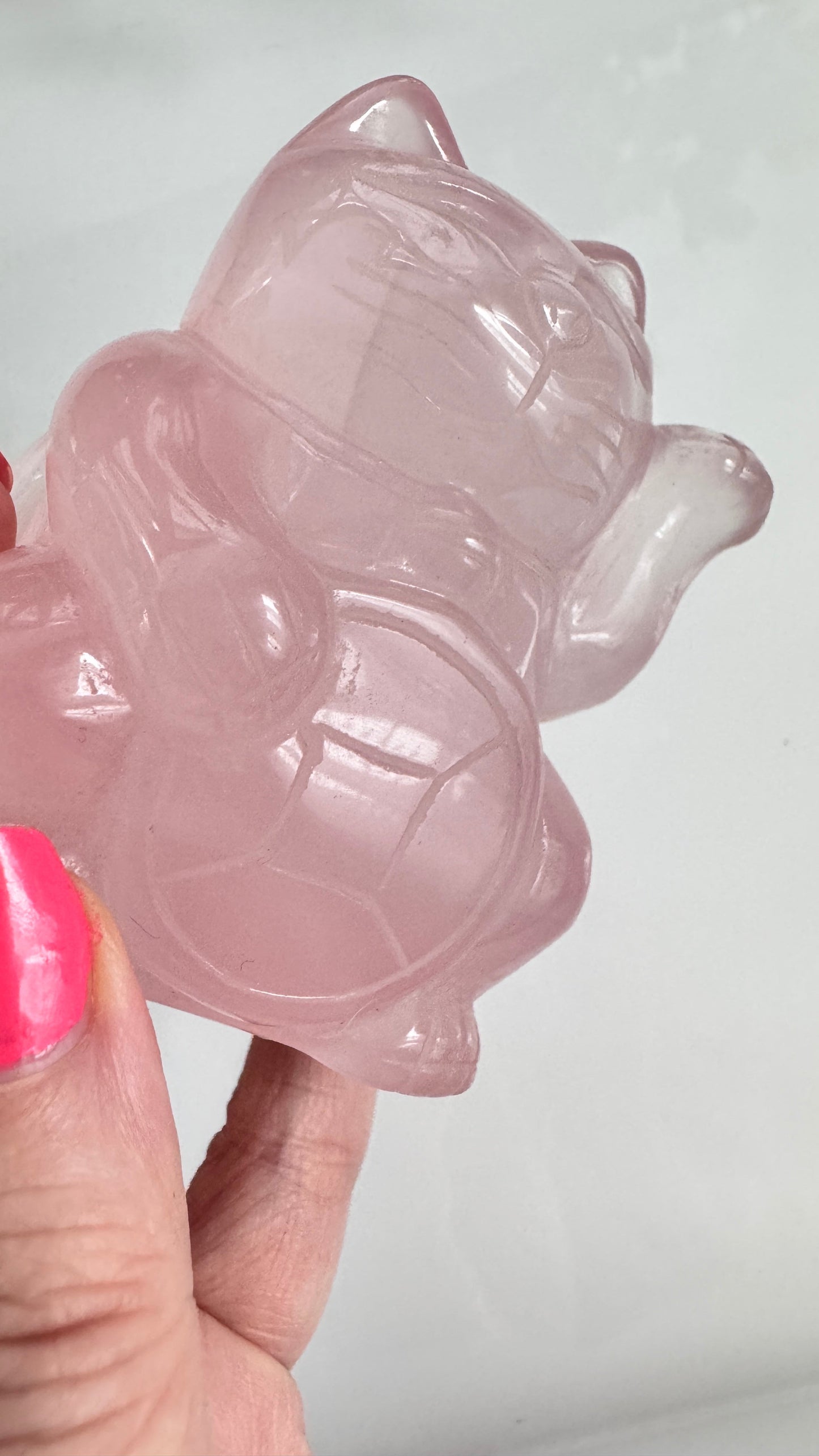 Gemmy Rose Quartz Crystal Lucky Cat, Maneki Neko, Fortune Cat, Large (3.2”)