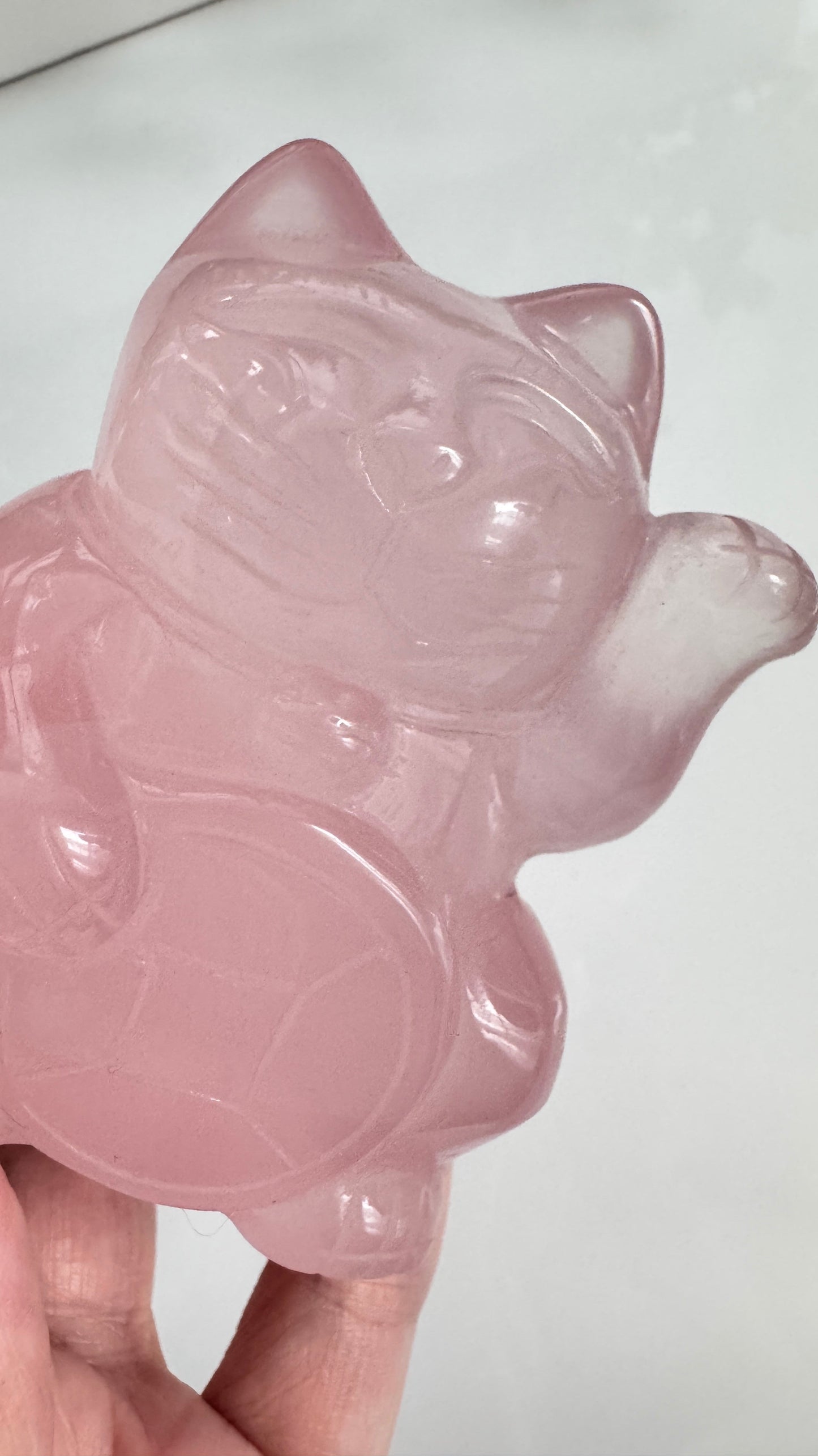 Gemmy Rose Quartz Crystal Lucky Cat, Maneki Neko, Fortune Cat, Large (3.2”)