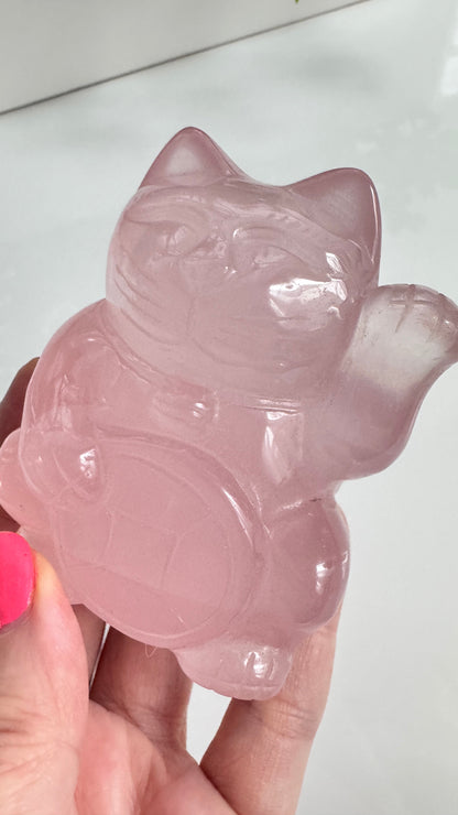 Gemmy Rose Quartz Crystal Lucky Cat, Maneki Neko, Fortune Cat, Large (3.2”)