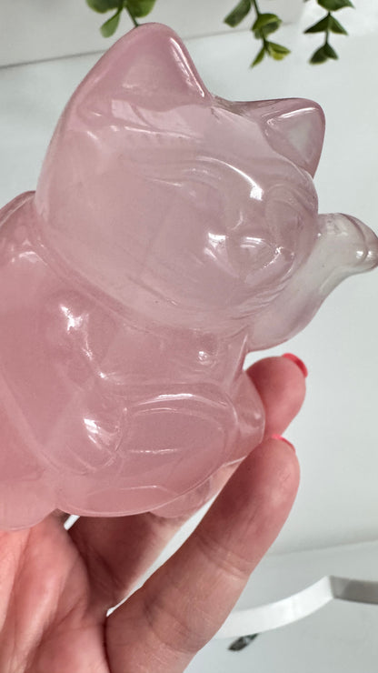 Gemmy Rose Quartz Crystal Lucky Cat, Maneki Neko, Fortune Cat, Large (3.2”)