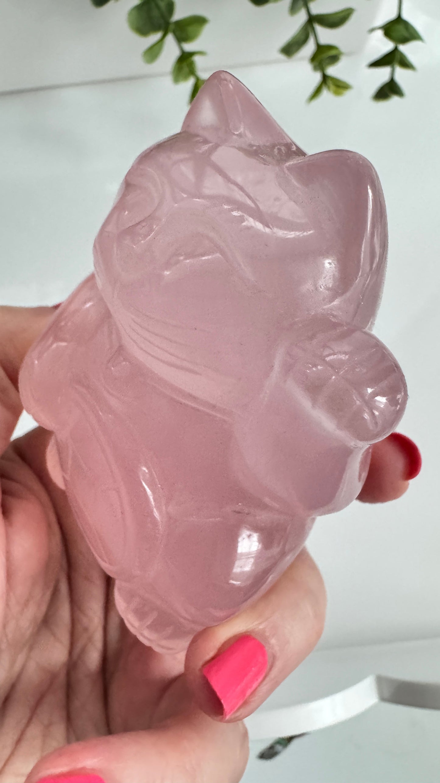 Gemmy Rose Quartz Crystal Lucky Cat, Maneki Neko, Fortune Cat, Large (3.2”)