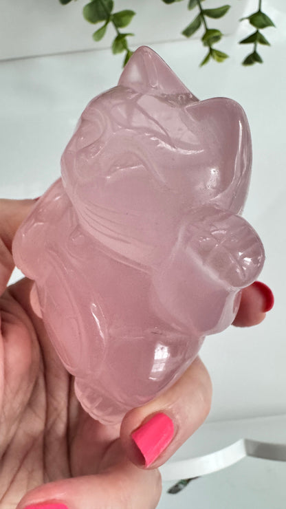 Gemmy Rose Quartz Crystal Lucky Cat, Maneki Neko, Fortune Cat, Large (3.2”)