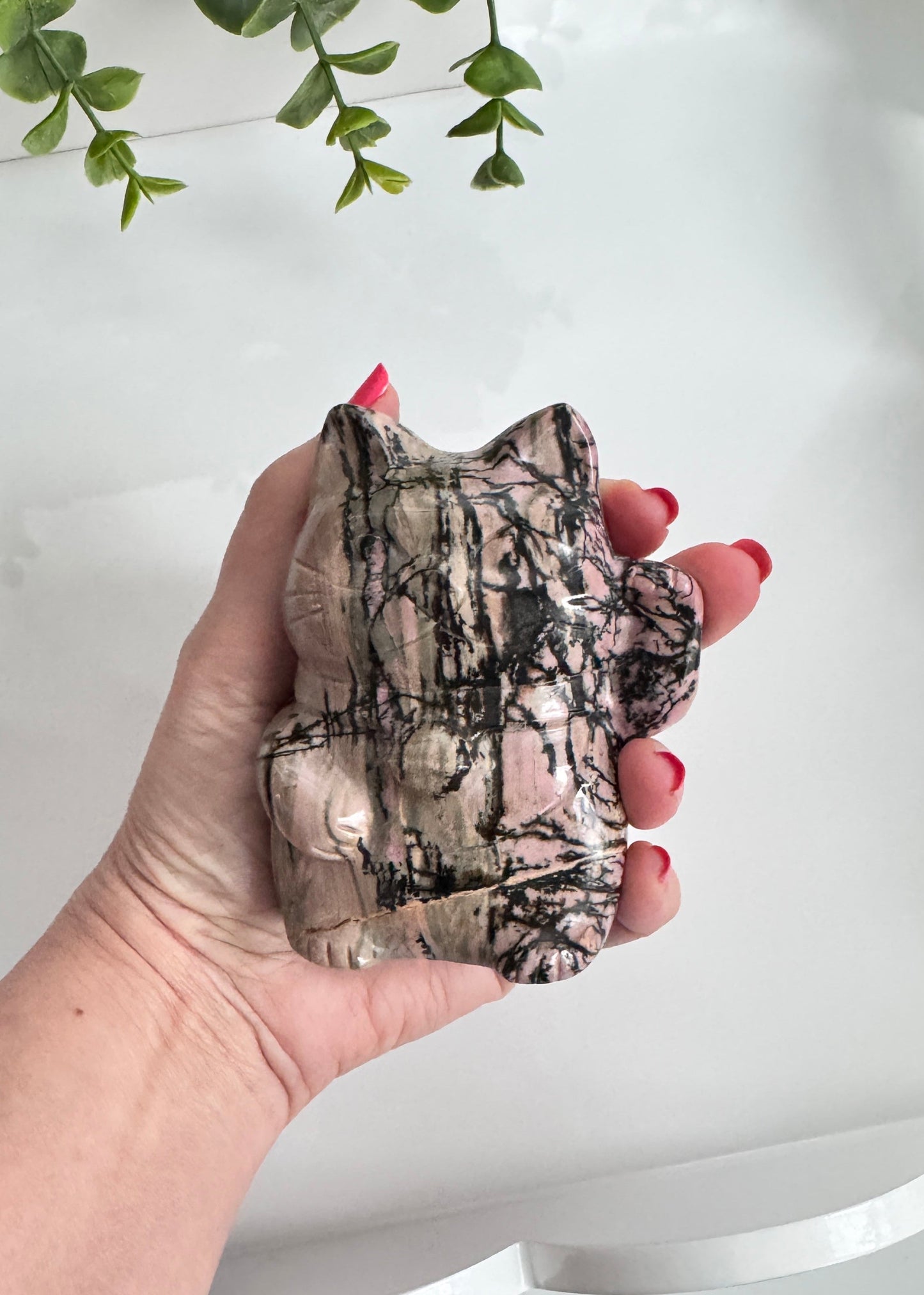 XL Rhodonite Crystal Lucky Cat, Maneki Neko, Fortune Cat 4"