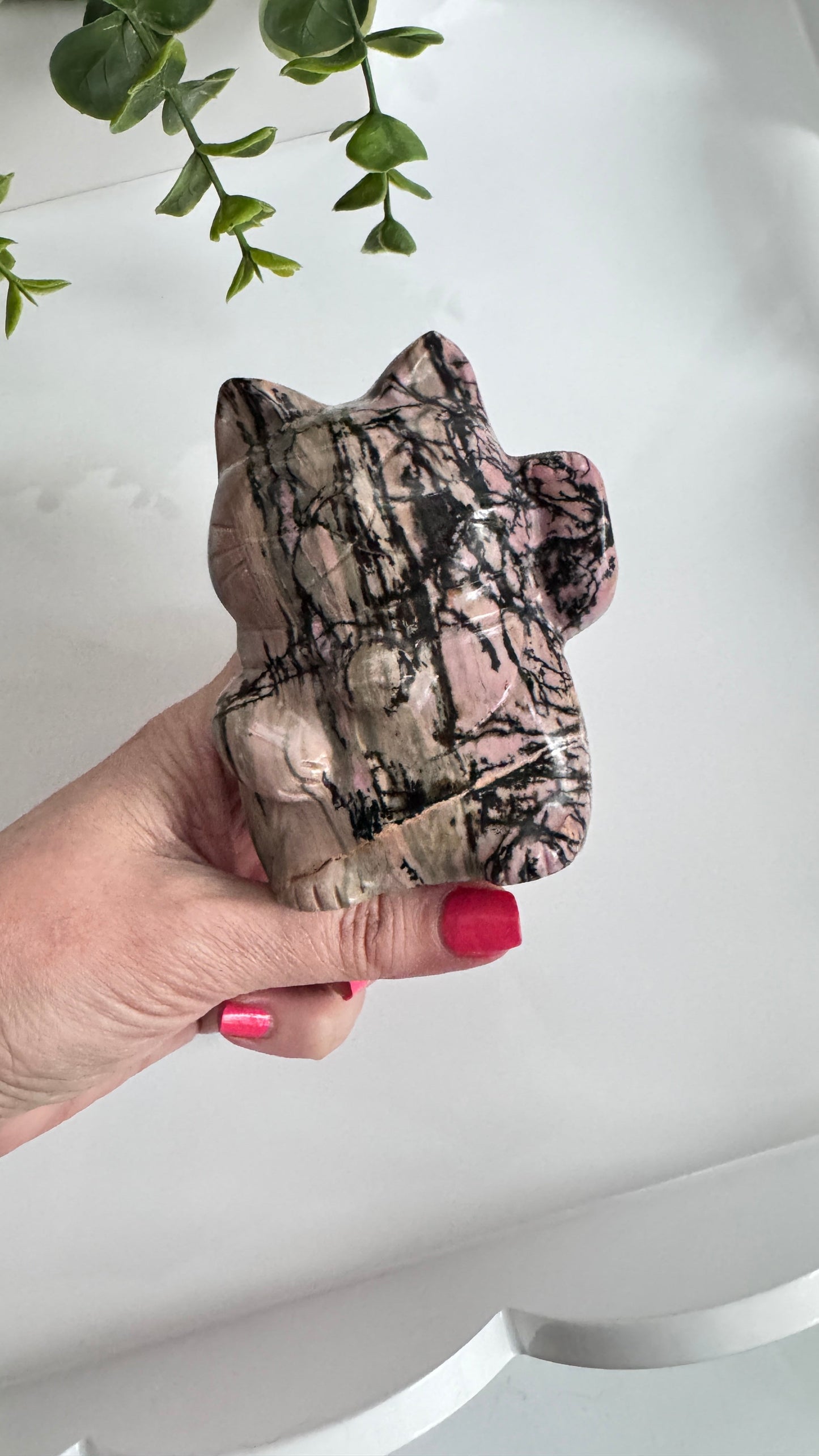 XL Rhodonite Crystal Lucky Cat, Maneki Neko, Fortune Cat 4"