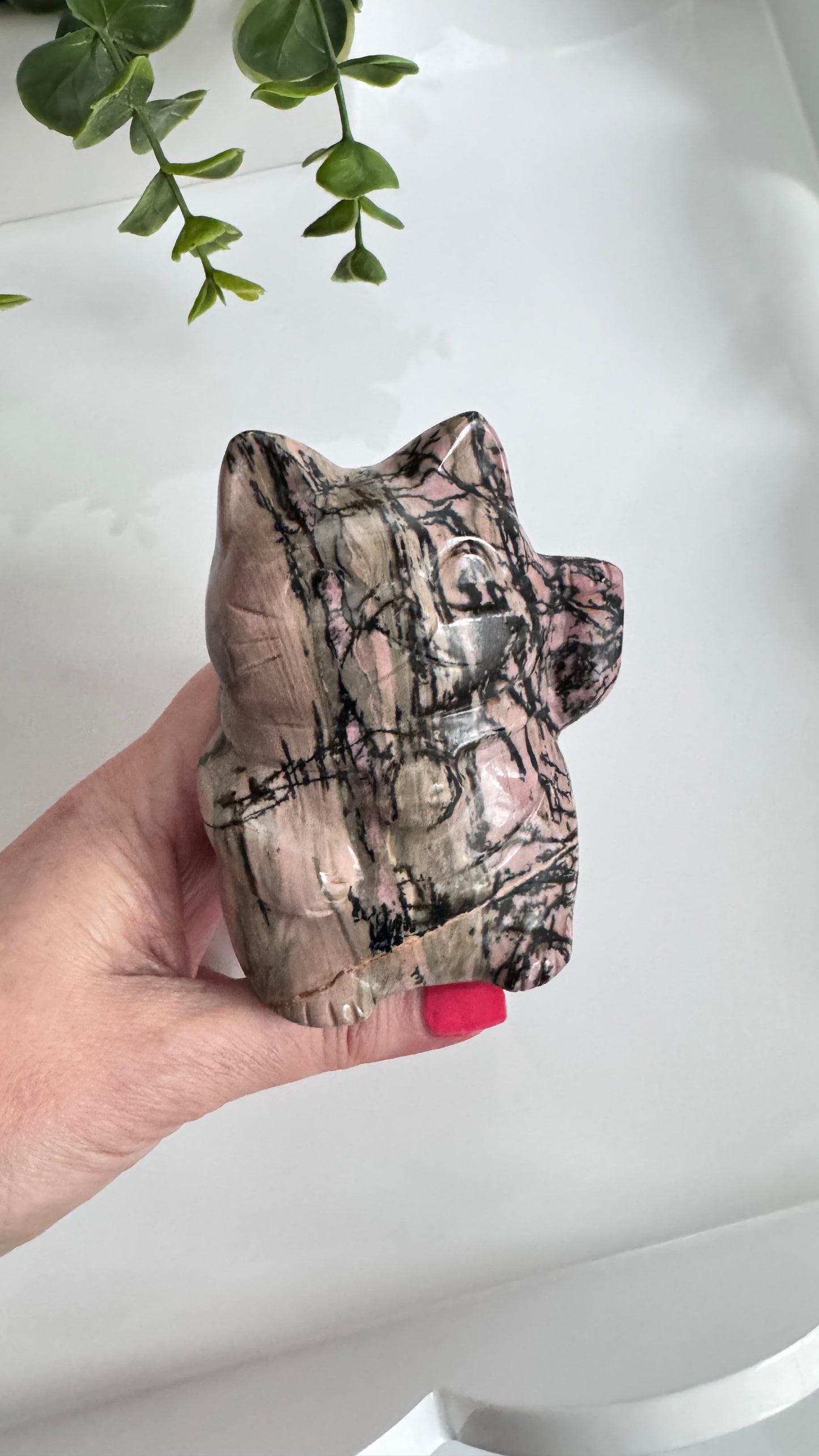 XL Rhodonite Crystal Lucky Cat, Maneki Neko, Fortune Cat 4"