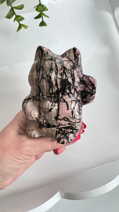 XL Rhodonite Crystal Lucky Cat, Maneki Neko, Fortune Cat 4"