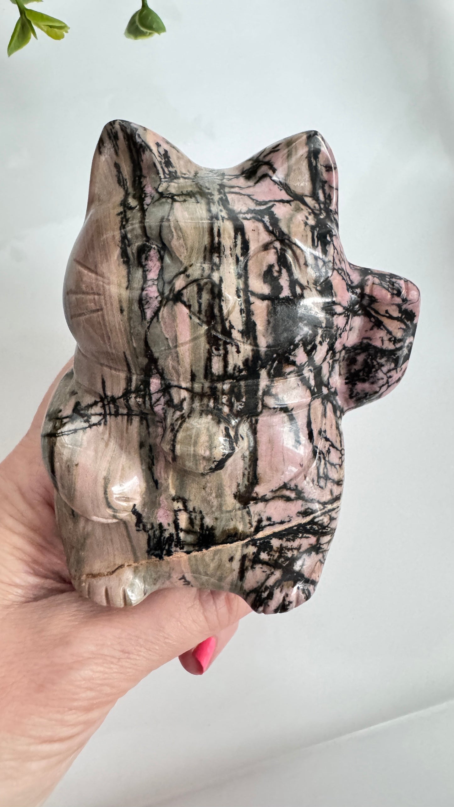 XL Rhodonite Crystal Lucky Cat, Maneki Neko, Fortune Cat 4"