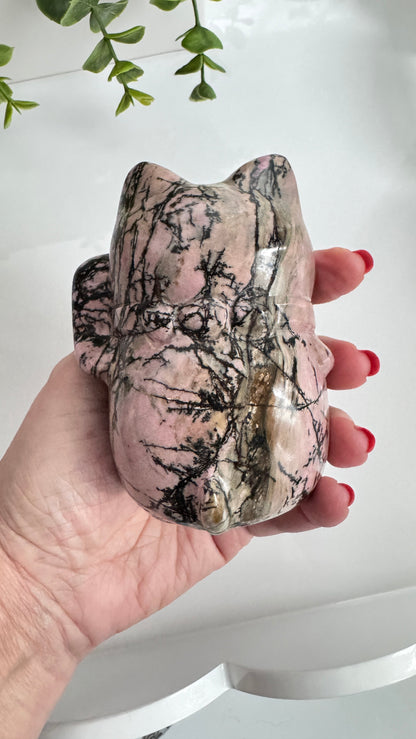 XL Rhodonite Crystal Lucky Cat, Maneki Neko, Fortune Cat 4"