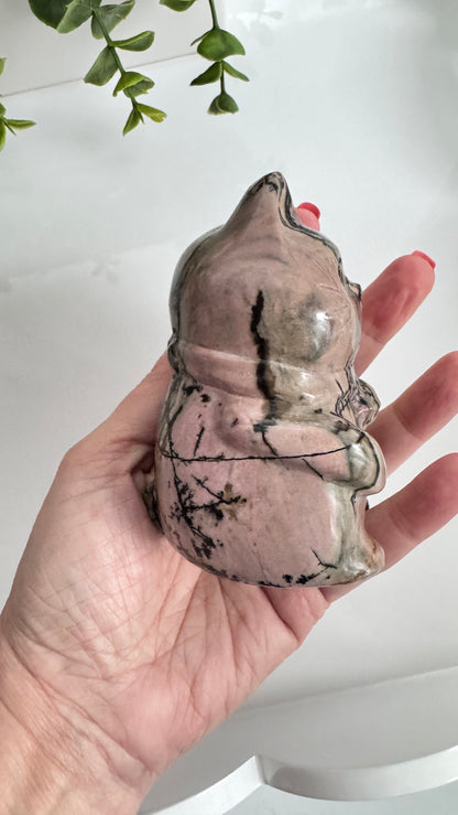 XL Rhodonite Crystal Lucky Cat, Maneki Neko, Fortune Cat 4"