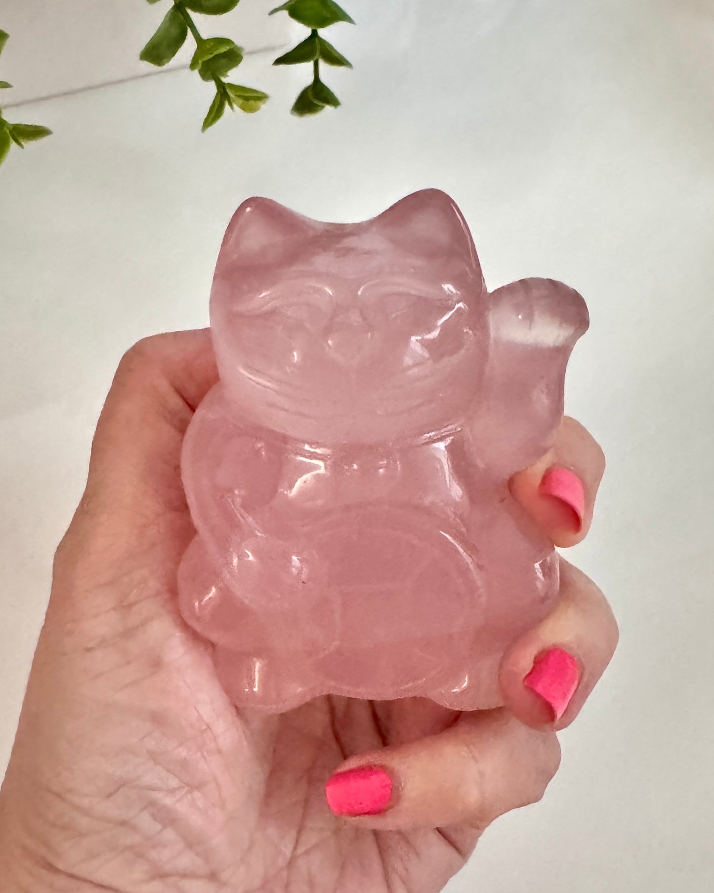 Gemmy Rose Quartz Crystal Lucky Cat, Maneki Neko, Fortune Cat, Large (3.2”)
