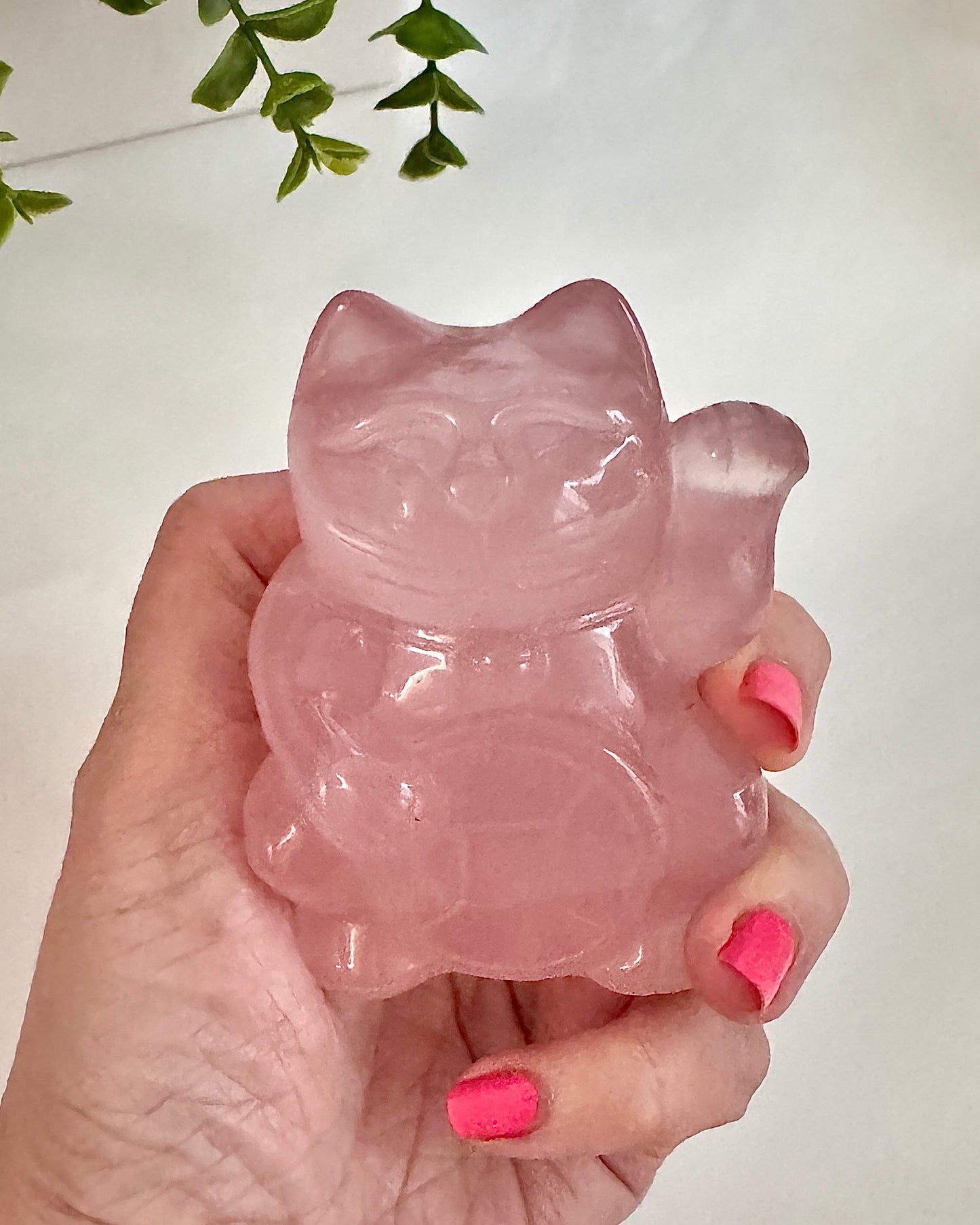 Gemmy Rose Quartz Crystal Lucky Cat, Maneki Neko, Fortune Cat, Large (3.2”)