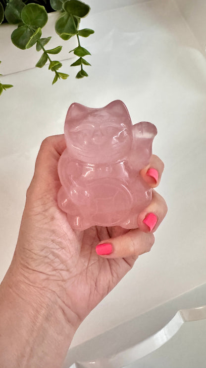 Gemmy Rose Quartz Crystal Lucky Cat, Maneki Neko, Fortune Cat, Large (3.2”)