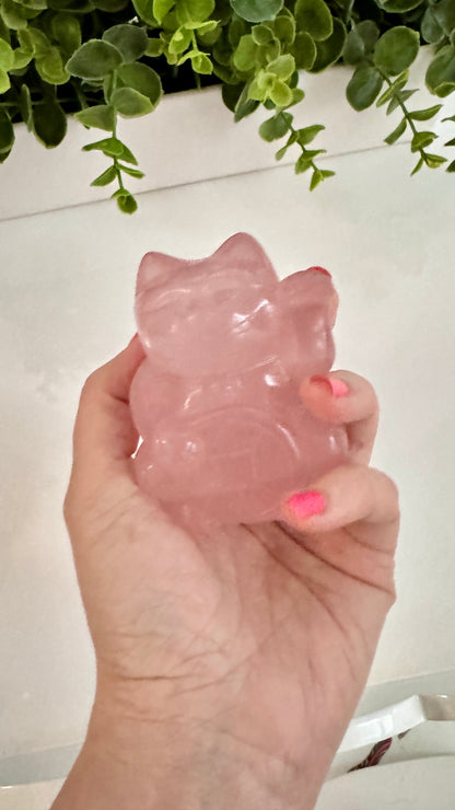 Gemmy Rose Quartz Crystal Lucky Cat, Maneki Neko, Fortune Cat, Large (3.2”)