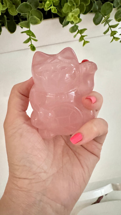 Gemmy Rose Quartz Crystal Lucky Cat, Maneki Neko, Fortune Cat, Large (3.2”)