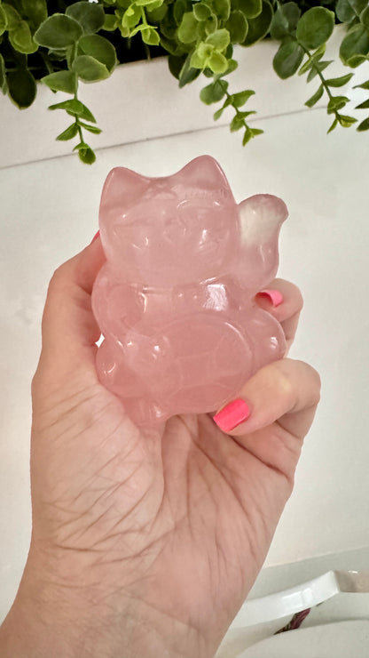 Gemmy Rose Quartz Crystal Lucky Cat, Maneki Neko, Fortune Cat, Large (3.2”)