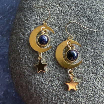 Starlit Crescent Earrings with Blue Sandstone