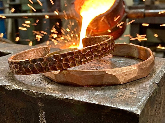 Pure Copper Bracelet Wide Hammered Men and Womens sizes Hammered Thick 2 Sizes Raised Pattern Bracelet Bangle Cuff Heavy Copper Jewelry