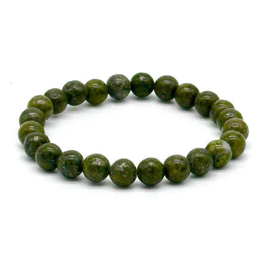 Epidote with Trace Pyrite Inclusions Natural Crystal Round Bead Stretch Bracelet