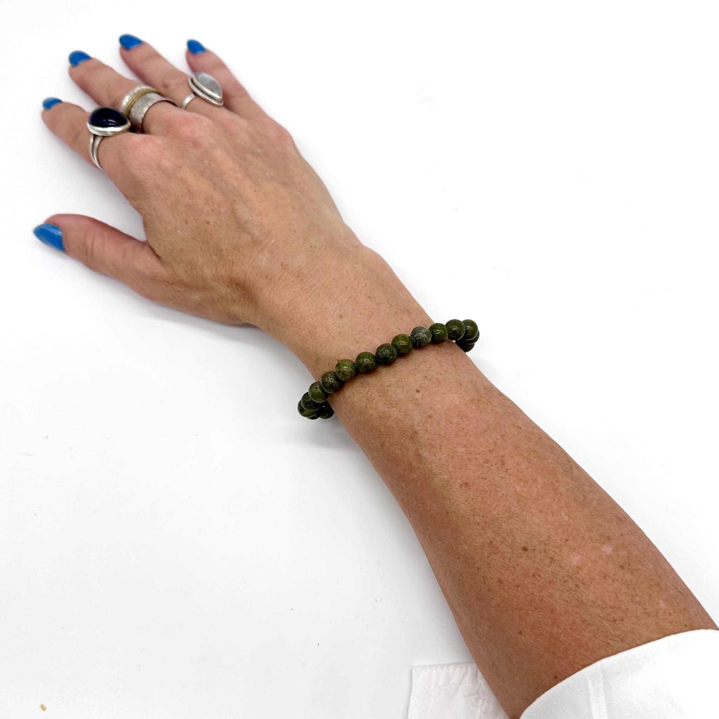 Epidote with Trace Pyrite Inclusions Natural Crystal Round Bead Stretch Bracelet