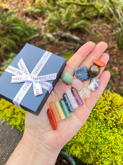 Chakra Healing Set of 14 Crystals, Mini Altar for Desk or Travel, in Gift Box