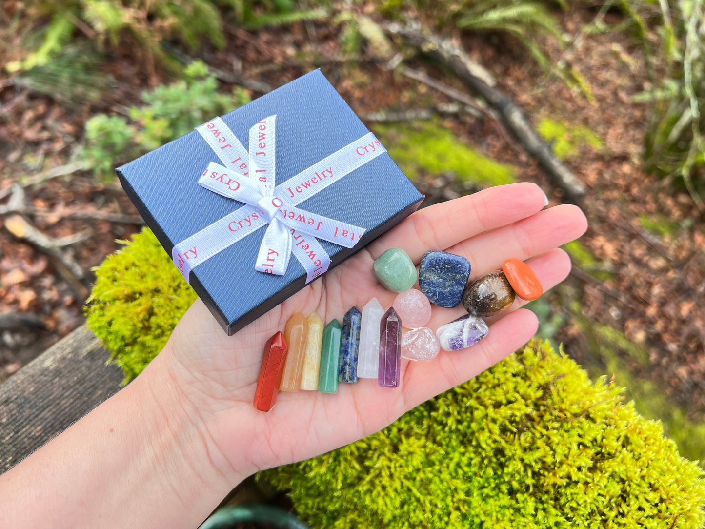Chakra Healing Set of 14 Crystals, Mini Altar for Desk or Travel, in Gift Box