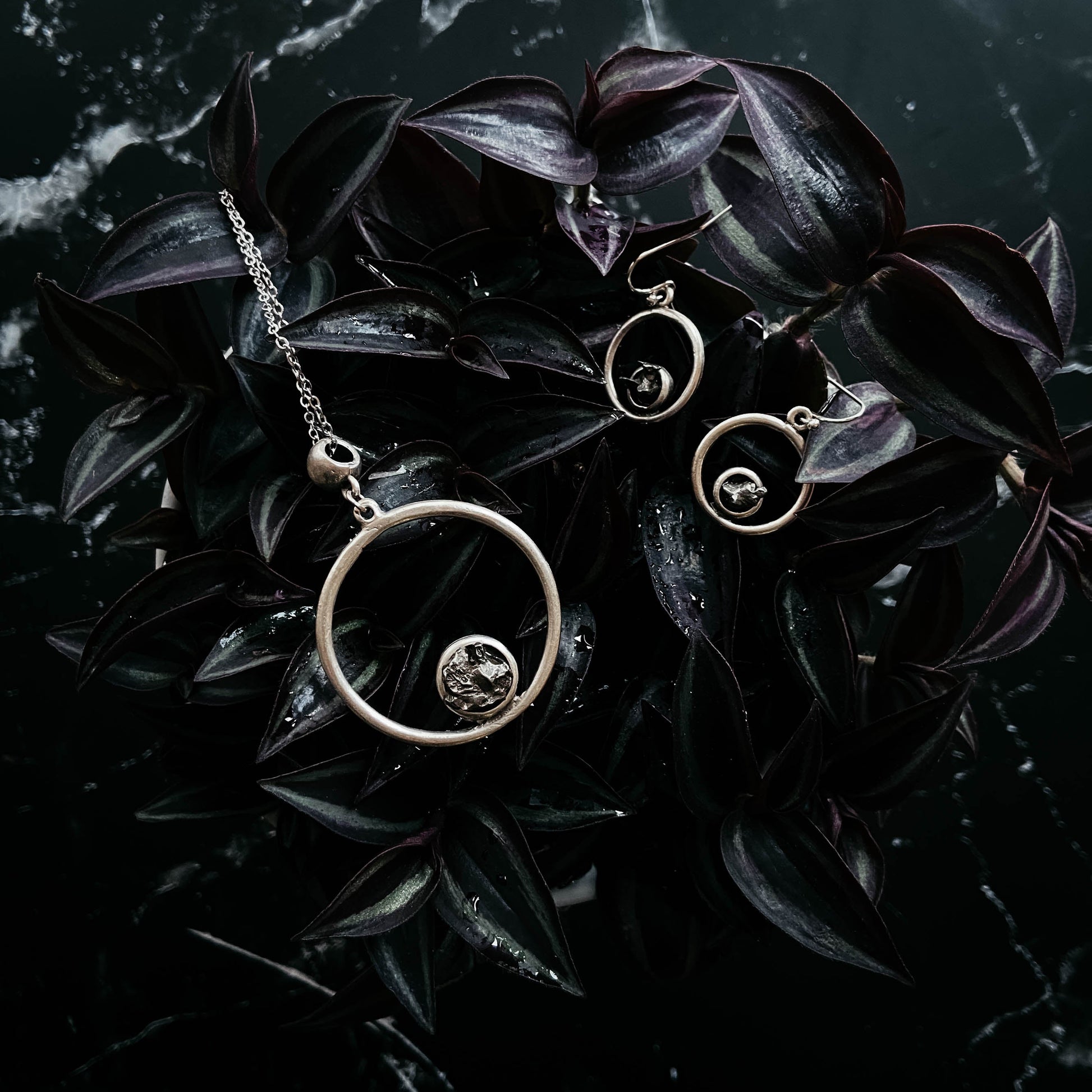Circular jewelry set on dark leaves
