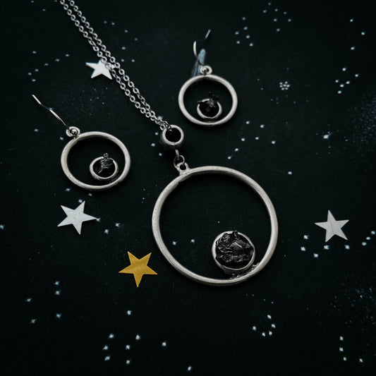 Silver jewelry set with circular designs on a starry background