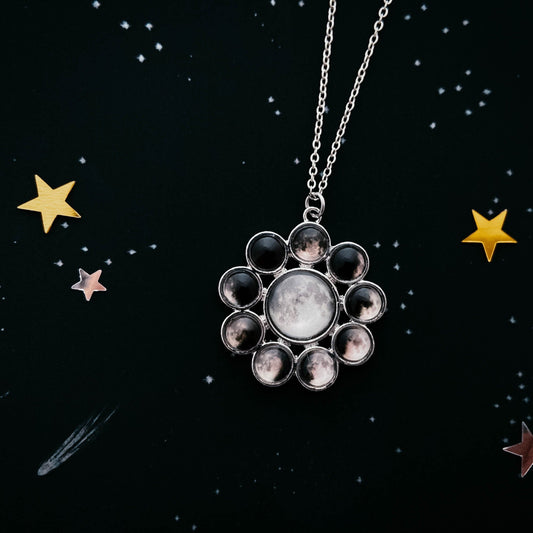 Necklace with a star-shaped pendant on a black background with stars