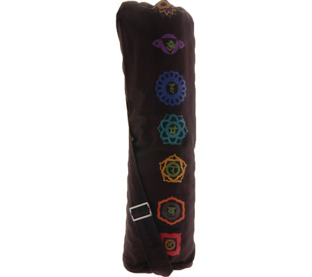 Yoga mat bag with colorful chakra symbols on a white background