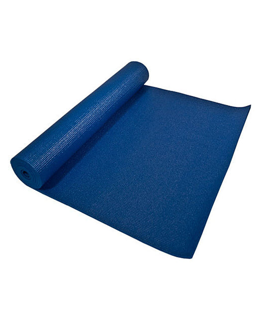 Blue yoga mat rolled up on a white background