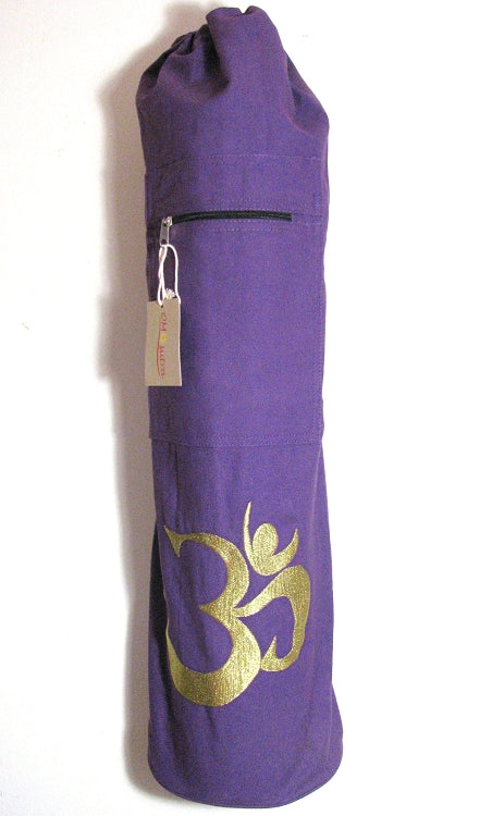 Purple yoga mat bag with gold Om symbol on a white background