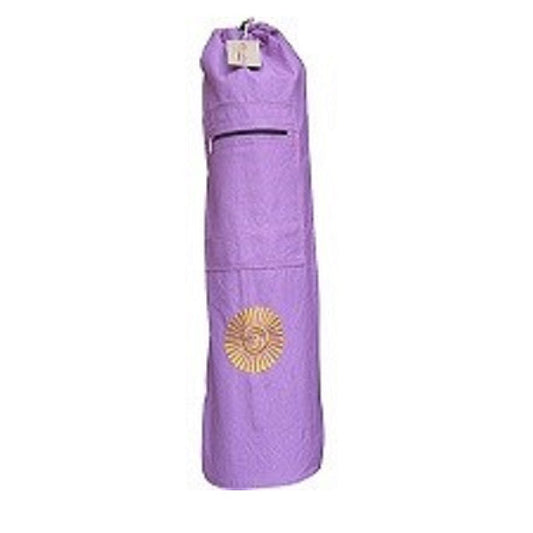 Purple yoga mat bag with a yellow sun design on a white background