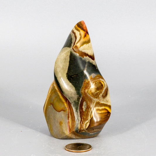 Marbled polychrome jasper flame stone with a penny for scale on a white background