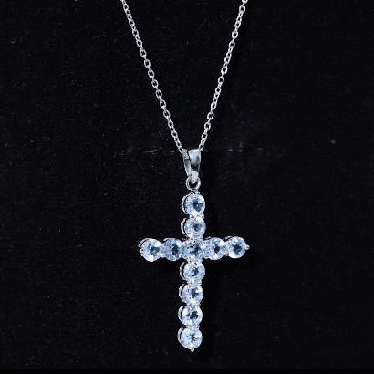 Natural Sky Blue Topaz Cross Pendant With Silver Chain