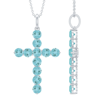 Natural Sky Blue Topaz Cross Pendant With Silver Chain