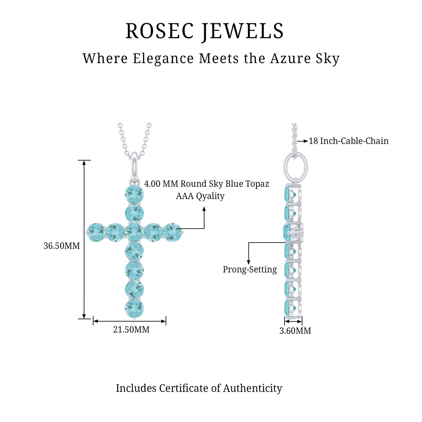 Natural Sky Blue Topaz Cross Pendant With Silver Chain