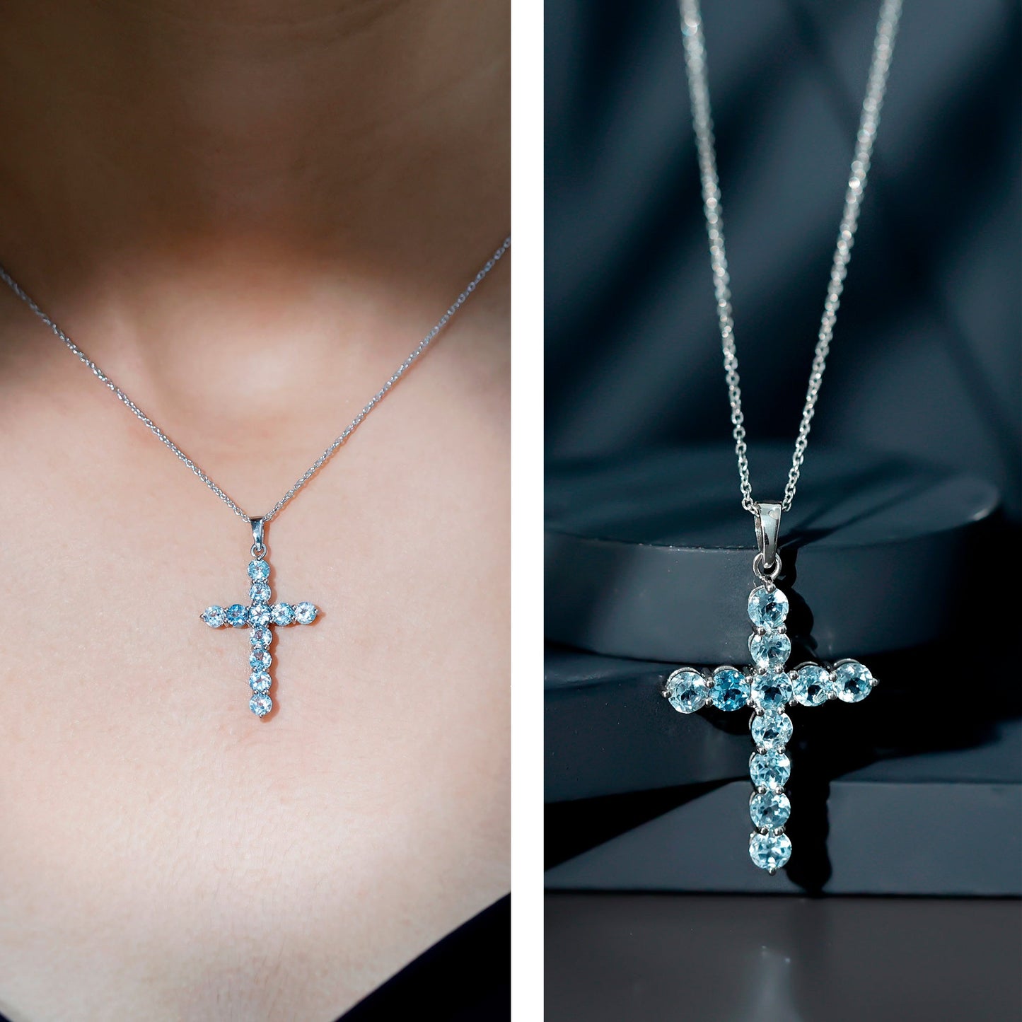 Natural Sky Blue Topaz Cross Pendant With Silver Chain