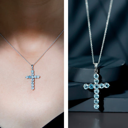 Natural Sky Blue Topaz Cross Pendant With Silver Chain