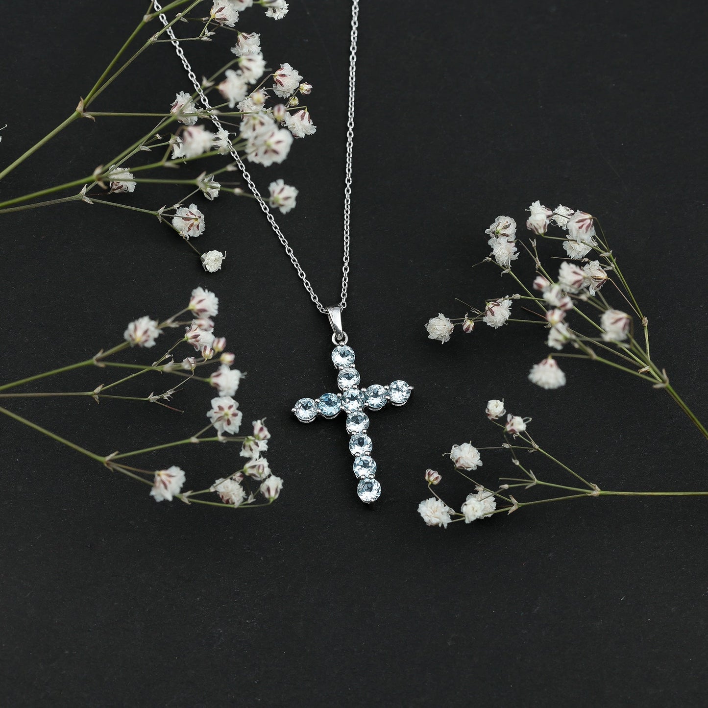 Natural Sky Blue Topaz Cross Pendant With Silver Chain