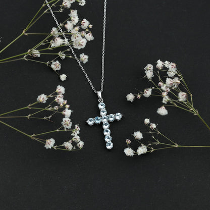 Natural Sky Blue Topaz Cross Pendant With Silver Chain