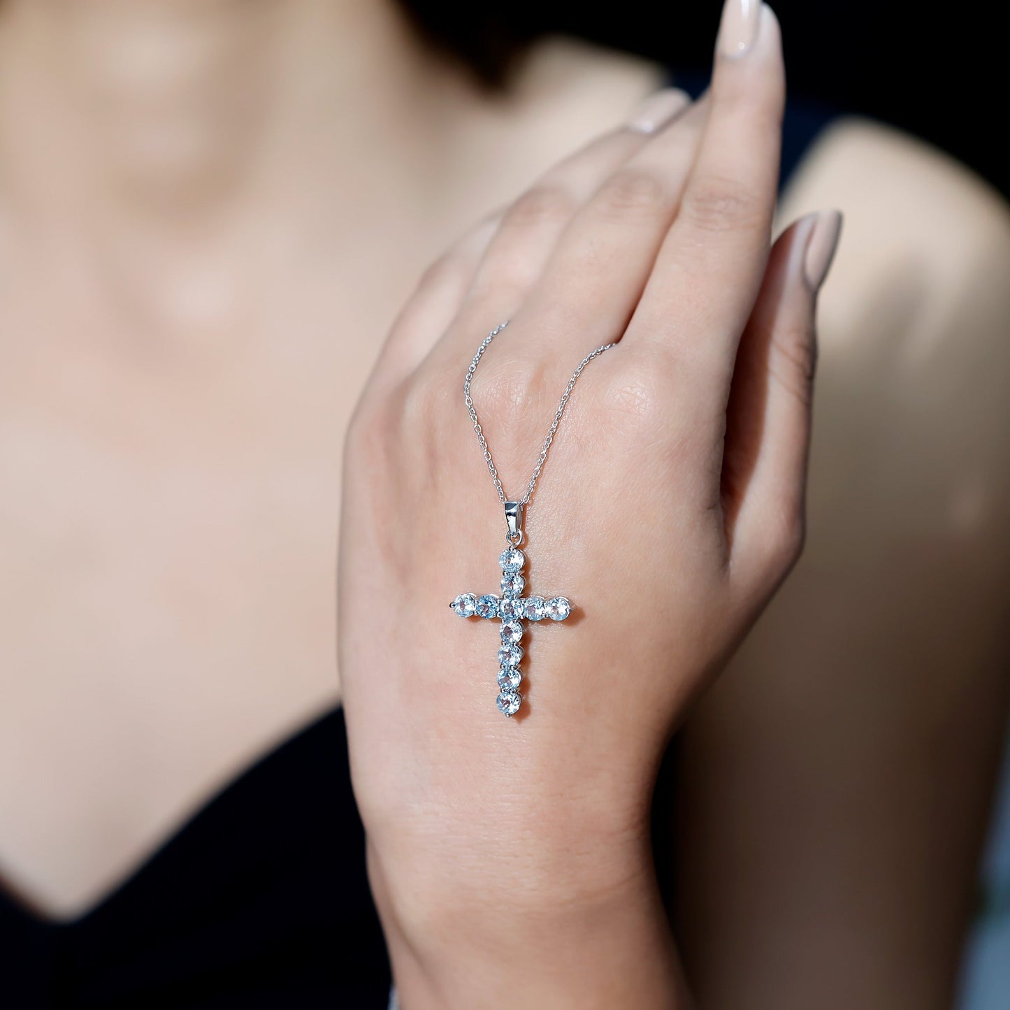 Natural Sky Blue Topaz Cross Pendant With Silver Chain