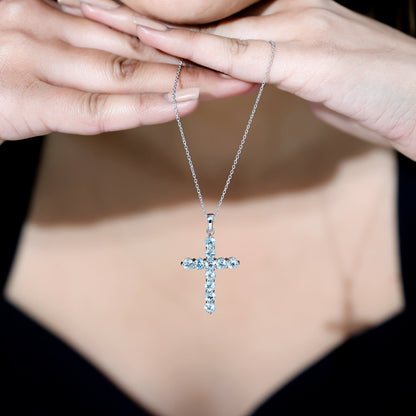 Natural Sky Blue Topaz Cross Pendant With Silver Chain