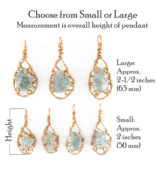 Raw Blue Celestite Crystal Teardrop Pendant Necklace, Copper Wire-Wrapped, Handmade