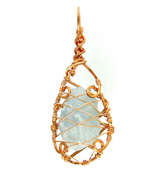 Raw Blue Celestite Crystal Teardrop Pendant Necklace, Copper Wire-Wrapped, Handmade