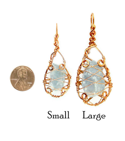 Raw Blue Celestite Crystal Teardrop Pendant Necklace, Copper Wire-Wrapped, Handmade