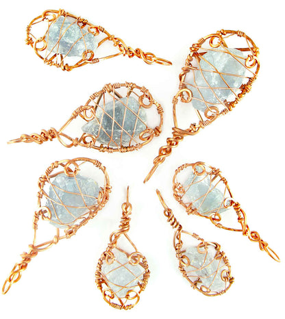 Raw Blue Celestite Crystal Teardrop Pendant Necklace, Copper Wire-Wrapped, Handmade
